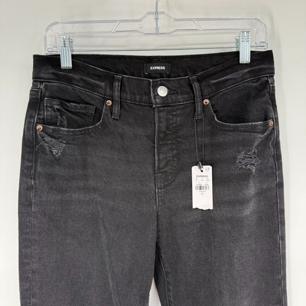 NWT Express '70s Flare Jeans Womens 6 Black Washed Ripped Mid-Rise Stretch Denim - Picture 5 of 11